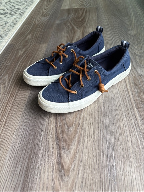 Sperry Shoes - Sperry Navy Canvas Low-Profile Boat Shoes with Brown Laces